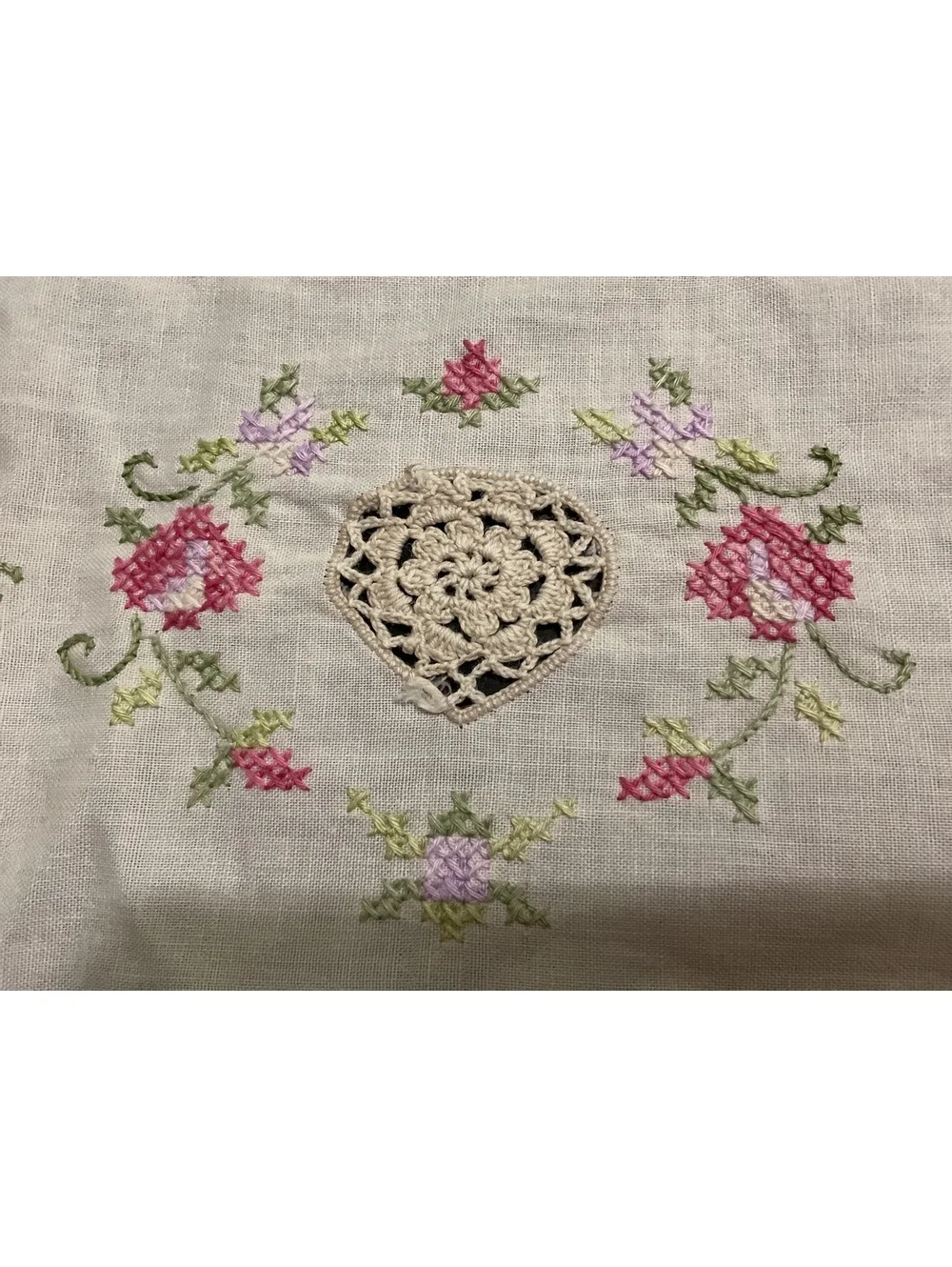 Vintage Embroidered Linen Table Runner with Heart Cutwork 53 1/2” x 15”